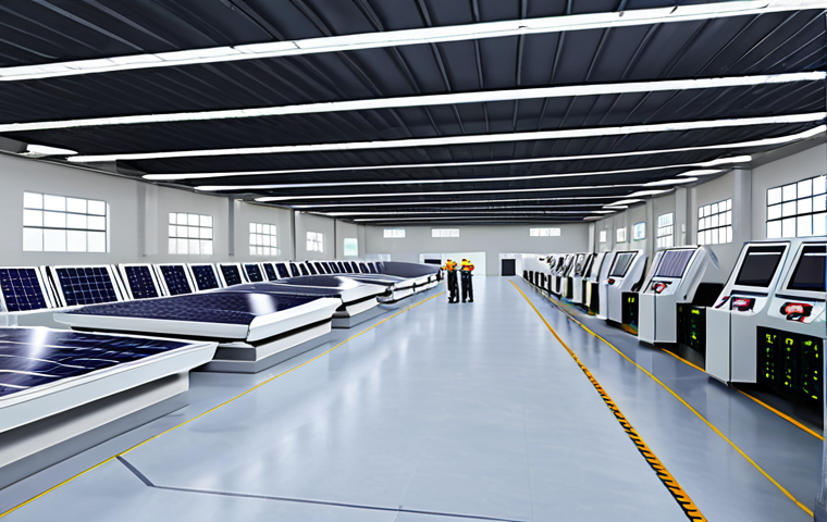 **Image:** A modern factory interior with a visible energy management system interface.
**Prompt:** "A bright, clean factory floor in the Middle East with solar panels visible on the roof. The scene includes workers using advanced technology and a digital dashboard displaying real-time energy consumption metrics."