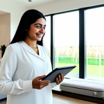 A professional Arab woman, fully clothed in a modest business dress, stands in a bright, modern, energy-efficient smart home living room. She is looking at a tablet, which displays energy consumption data, with a subtle smile. Natural light streams through large, strategically placed windows. The room features sustainable wooden furniture, indoor plants, and integrated smart lighting fixtures. The overall atmosphere is serene and efficient, emphasizing technological comfort and environmental responsibility. perfect anatomy, correct proportions, natural pose, well-formed hands, proper finger count, natural body proportions, safe for work, appropriate content, family-friendly, professional photography, high quality.