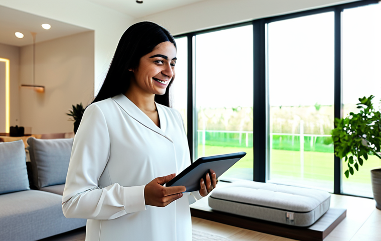 A professional Arab woman, fully clothed in a modest business dress, stands in a bright, modern, energy-efficient smart home living room. She is looking at a tablet, which displays energy consumption data, with a subtle smile. Natural light streams through large, strategically placed windows. The room features sustainable wooden furniture, indoor plants, and integrated smart lighting fixtures. The overall atmosphere is serene and efficient, emphasizing technological comfort and environmental responsibility. perfect anatomy, correct proportions, natural pose, well-formed hands, proper finger count, natural body proportions, safe for work, appropriate content, family-friendly, professional photography, high quality.