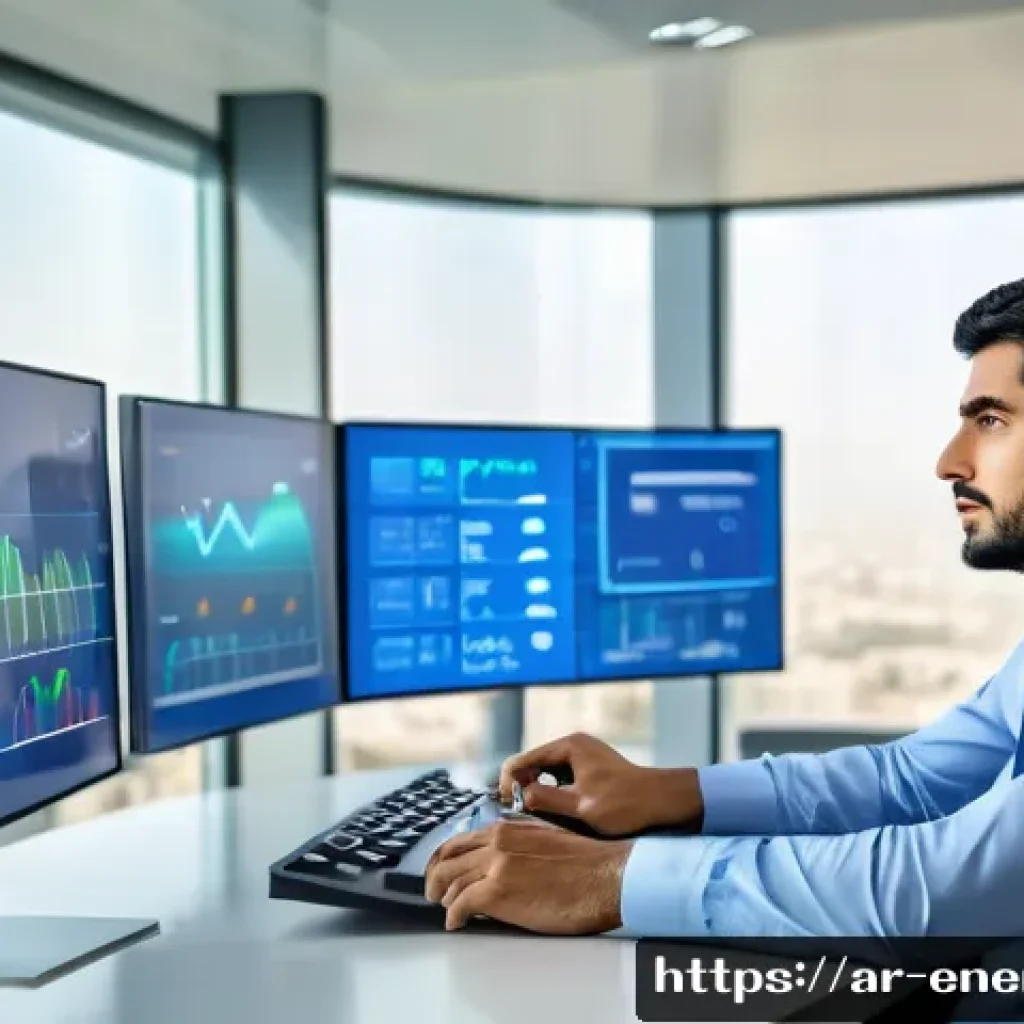 에너지관리 자격증 취득 후 이직 성공 사례 - A professional Middle Eastern energy manager in a modern office setting, analyzing complex energy co...