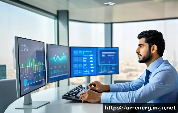 에너지관리 자격증 취득 후 이직 성공 사례 - A professional Middle Eastern energy manager in a modern office setting, analyzing complex energy co...