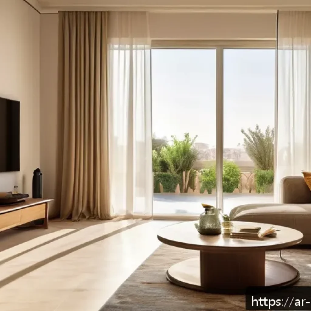 에너지 효율 관리의 중요성 - A modern Middle Eastern family home interior during daytime, featuring large double-glazed windows w...