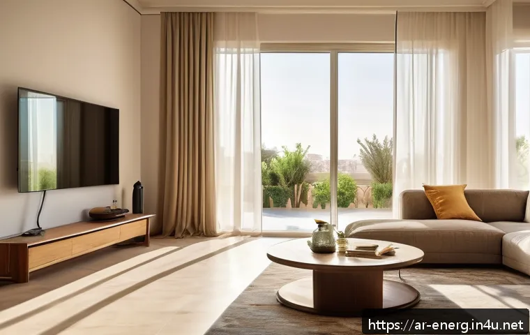 에너지 효율 관리의 중요성 - A modern Middle Eastern family home interior during daytime, featuring large double-glazed windows w...