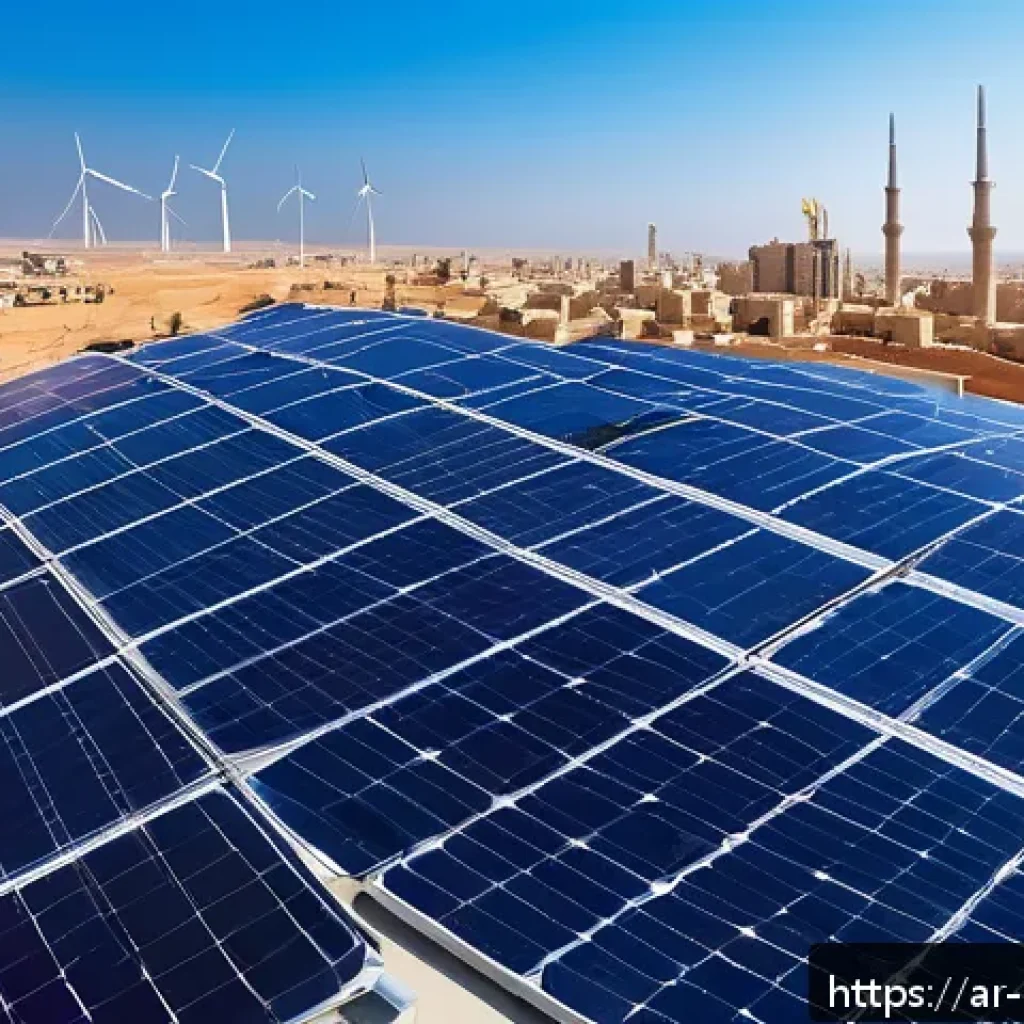 에너지관리 자격증의 전망과 필요성 - A modern Middle Eastern cityscape with solar panels installed on rooftops and large wind turbines in...