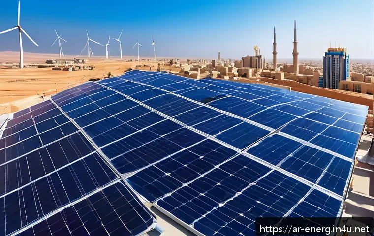 에너지관리 자격증의 전망과 필요성 - A modern Middle Eastern cityscape with solar panels installed on rooftops and large wind turbines in...