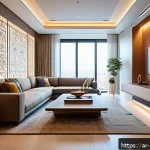 에너지 효율 관리와 친환경 기술의 융합 - A modern Middle Eastern smart home interior showcasing advanced energy-efficient lighting and air co...