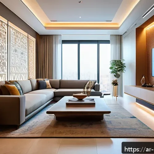 에너지 효율 관리와 친환경 기술의 융합 - A modern Middle Eastern smart home interior showcasing advanced energy-efficient lighting and air co...