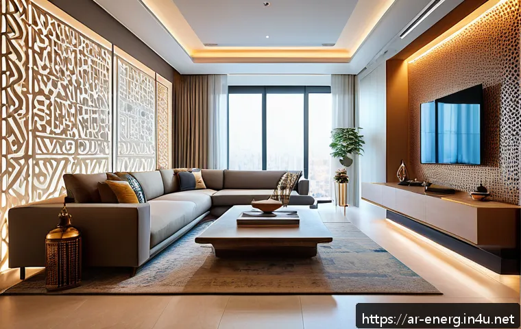 에너지 효율 관리와 친환경 기술의 융합 - A modern Middle Eastern smart home interior showcasing advanced energy-efficient lighting and air co...
