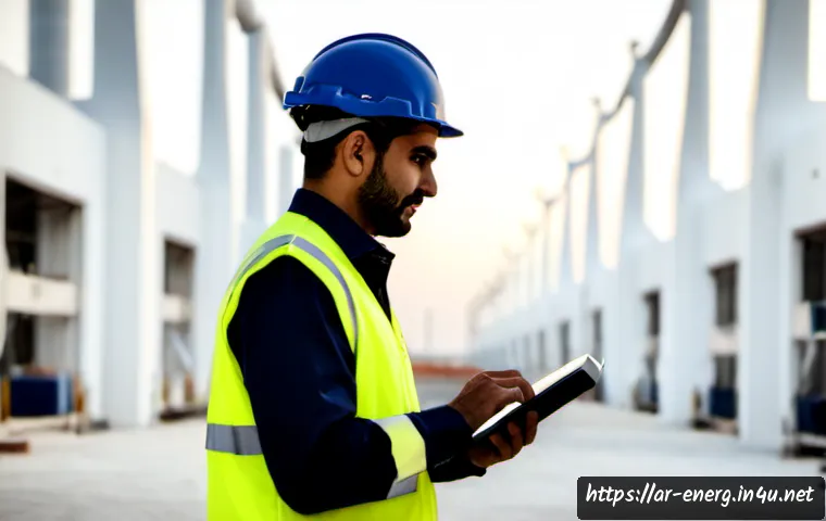 에너지관리 자격증 활용 가능한 직업군 - Photorealistic Arab energy management engineer in modest professional attire and safety helmet inspe...