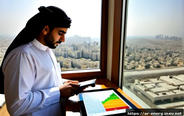에너지관리 현업 종사자의 팁과 조언 - Photorealistic energy management specialist in modest professional attire reviewing electricity cons...